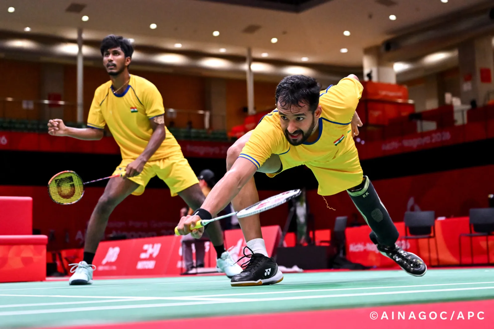 Nitesh Kumar and Ruthick Ragupathi of India in a para badminton men's doubles SL3-SU5 quarterfinal at the Aichi-Nagoya 2